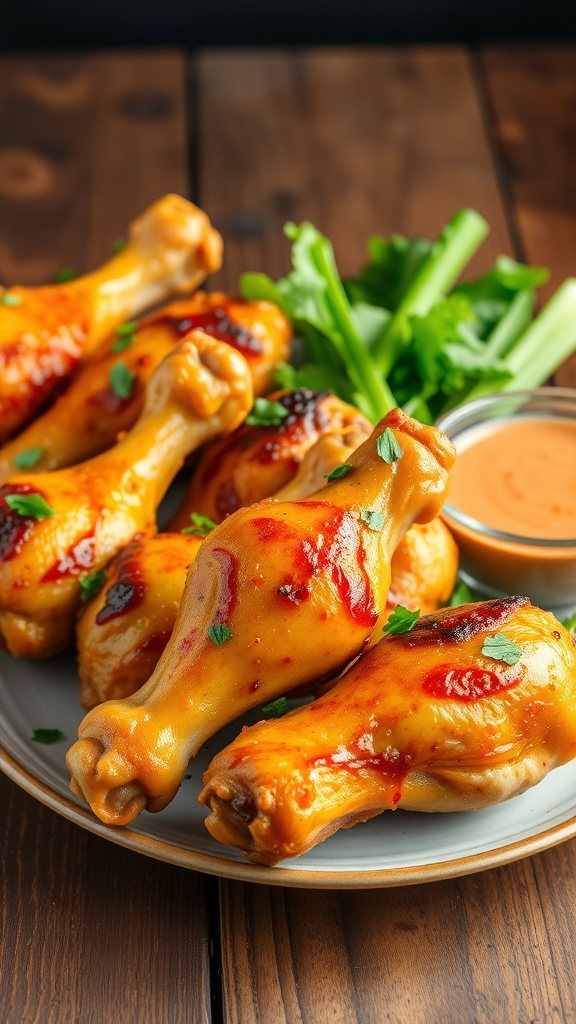 Crispy baked chicken drumsticks on a plate, garnished with herbs, served with dipping sauce and vegetables.
